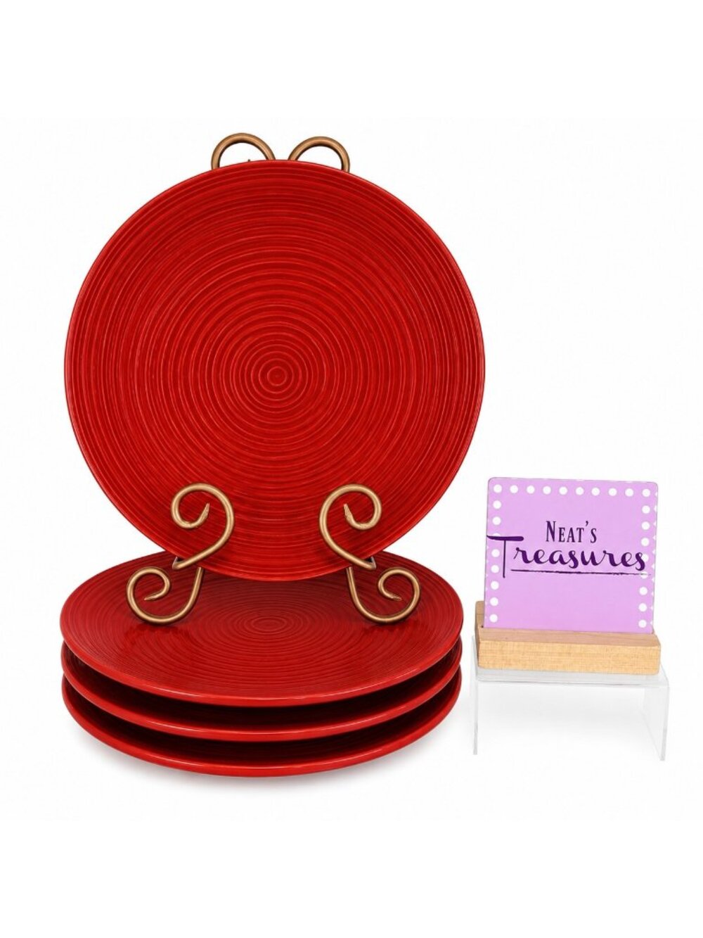 Threshold Target MAYA RED Solid Geometric Rings Stoneware Dinner Plates Set of 4